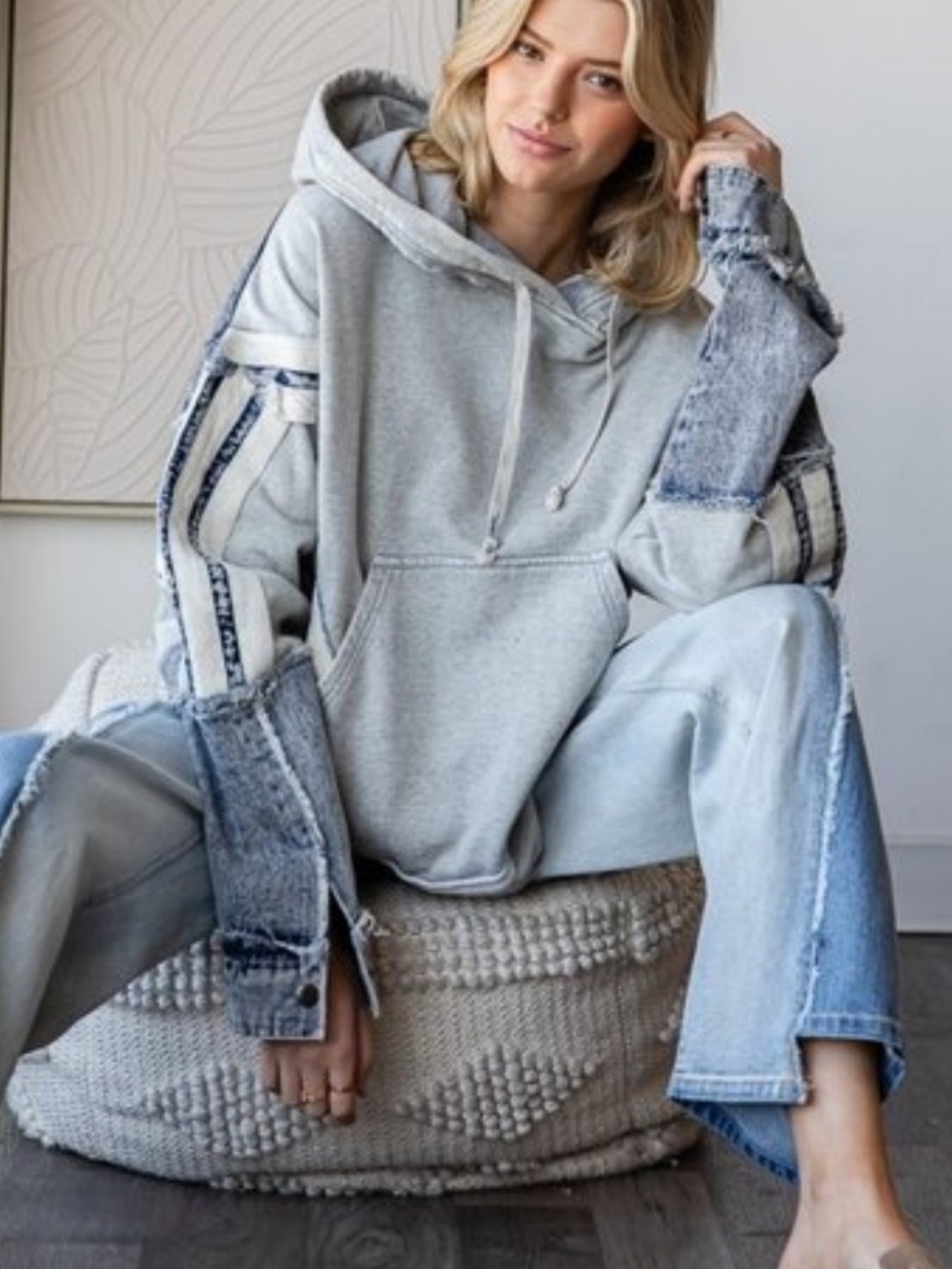 Oli & Hali | Washed Knit Denim Edge Mix Hoodie Sz L